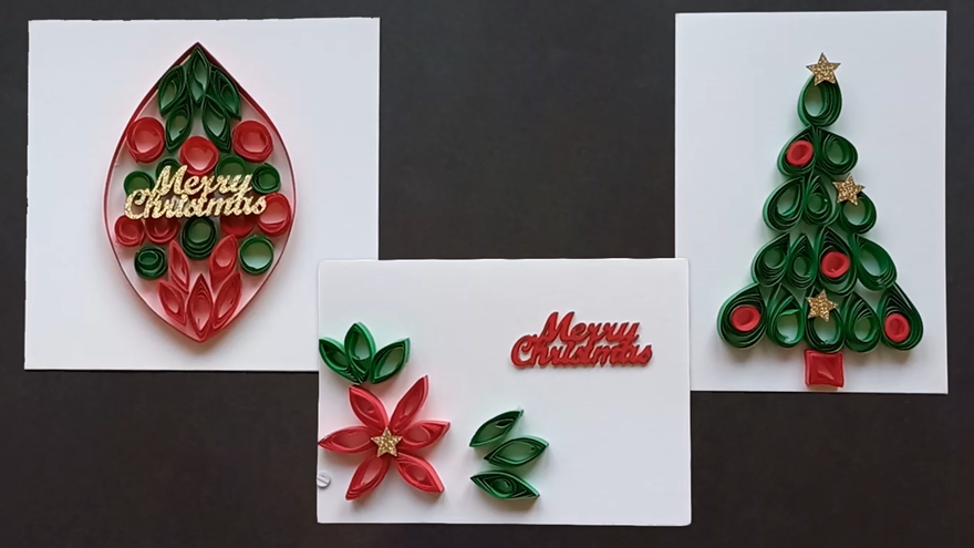 3 cards made using quilled paper. one is a bauble, one is a star, and the other is a Christmas tree