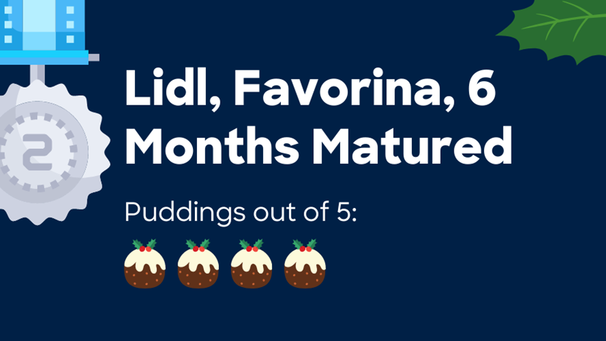 Image of second place medal of Christmas pudding review showing Lidl got rating of four puddings out of five