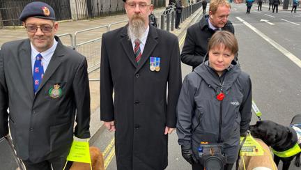 Blind veterans Kelly and Dave with Dave's brother just before the march past the Cenotaph