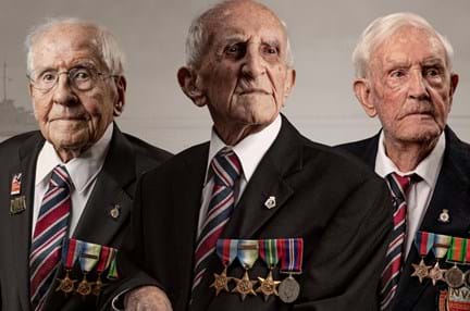 Photos of veterans Thomas, Joe and Bob edited above a navy ship