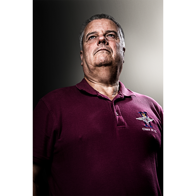 Blind veteran Stephen in his regiment polo shirt