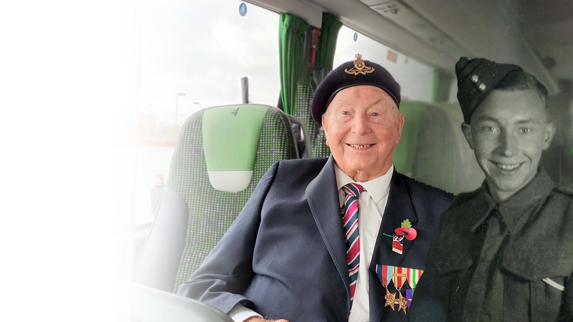 Blind veteran Wally, showing him in the Second World War and today, with his medals