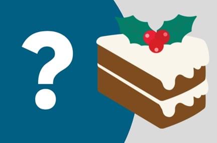 A slice of Christmas cake with a question mark beside it