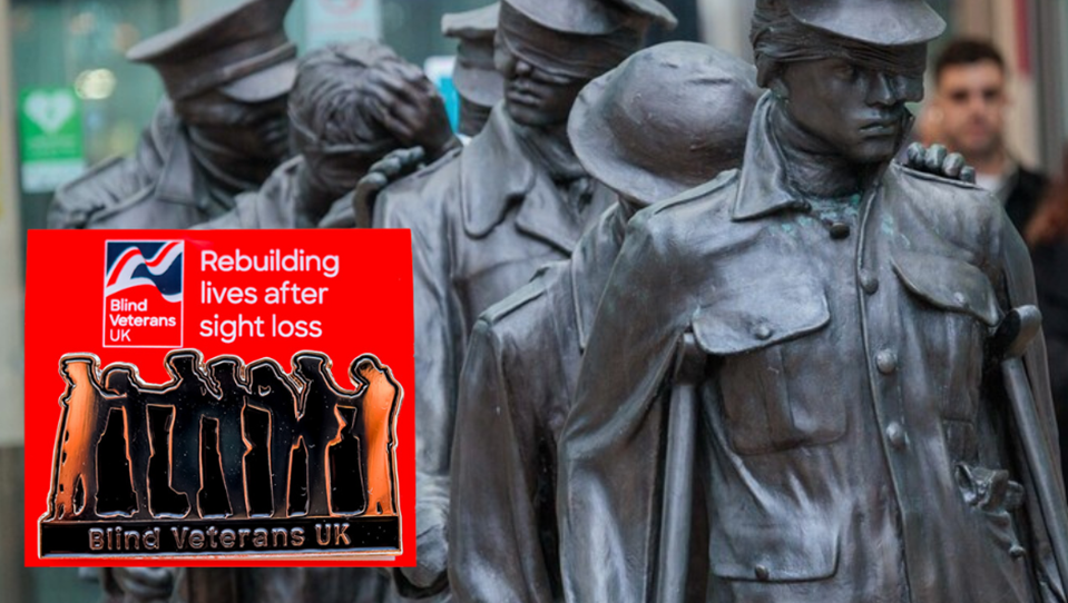 Blind Veterans UK's Victory Over Blindness statue outside Manchester Piccadilly Station with an image of the pin badge in the bottom left corner.