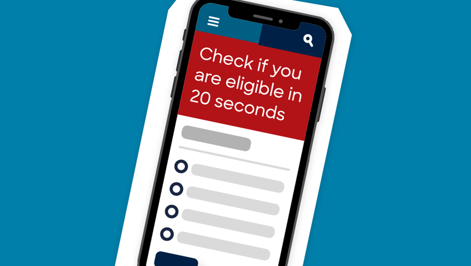 A phone with a message saying 'Check if you are eligible in 20 seconds'