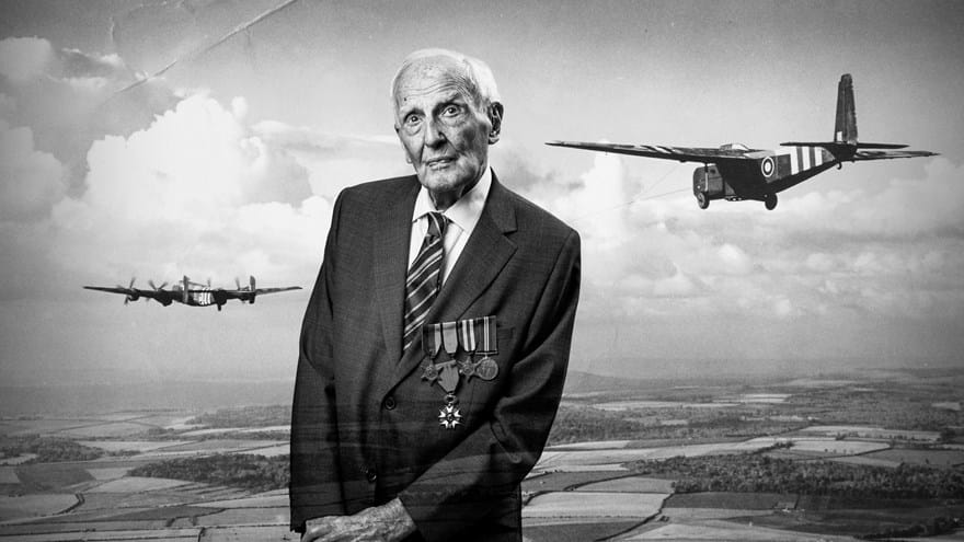 A black and white portrait of blind veteran Sydney, overlaid on a scene from D-Day