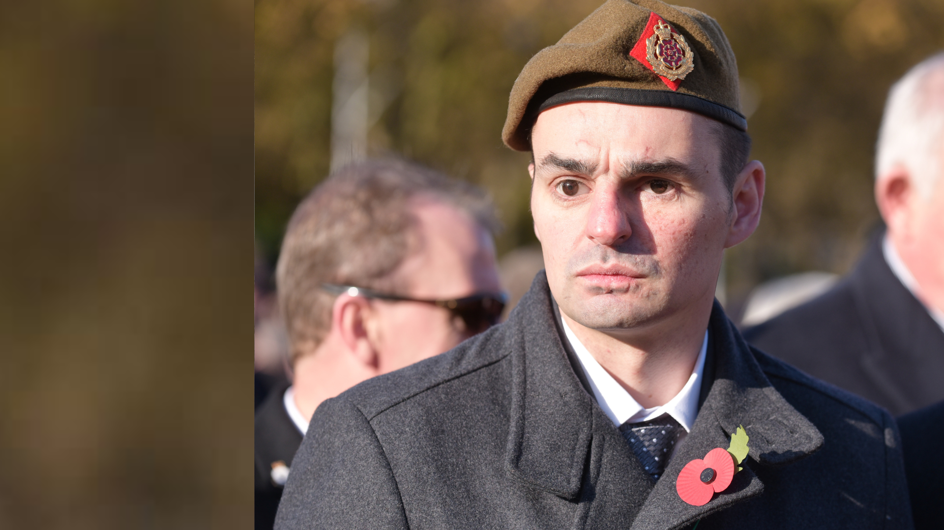 Blind veteran Craig in uniform at the Remembrance parade