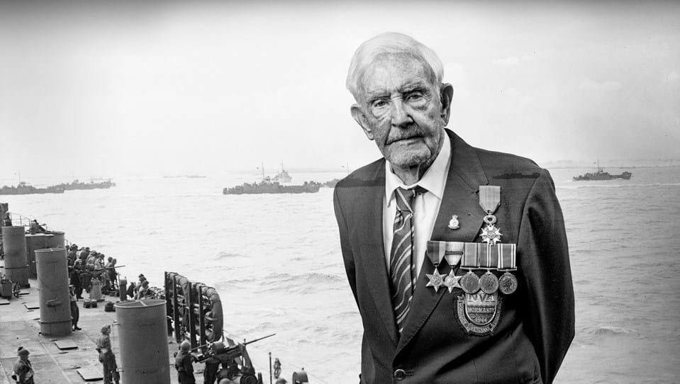 A black and white portrait of D-Day veteran Bob, overlaid on a scene from D-Day