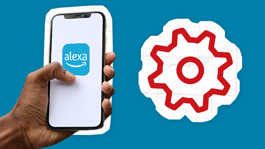 A phone with Alexa on it and a settings icon