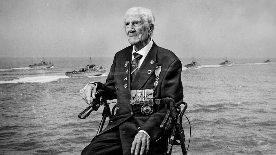 A black and white portrait of blind veteran George, overlaid on a scene from D-Day 