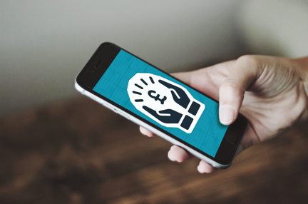 A mobile phone displaying an icon of hands holding a pound sign