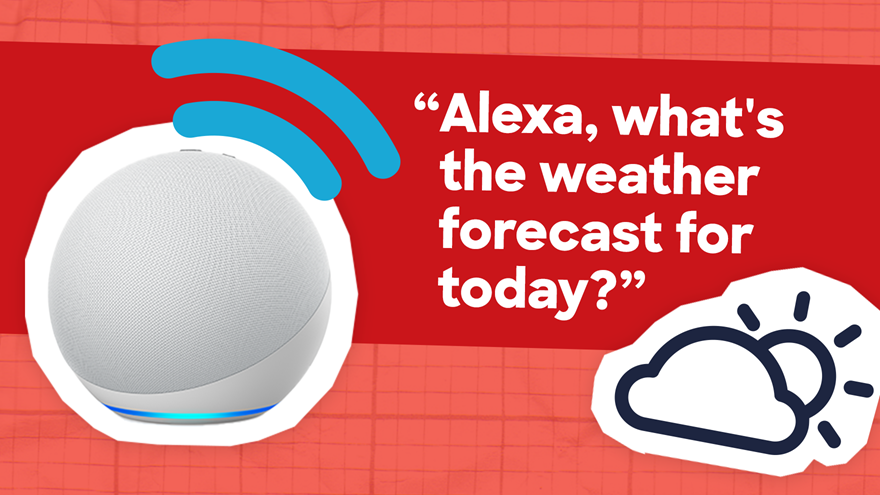 An Echo dot with the question "Alexa what's the weather forecast for today?" beside a cloud icon