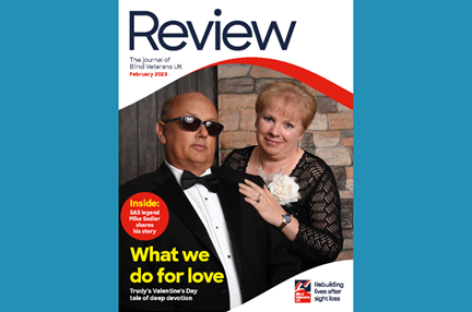 A magazine front cover with title "What we do for love" and an image of blind veteran Mark Pile and his wife