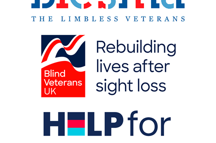 A graphic image showing three logos for charities in partnership, Blesma, Blind Veterans UK and Help for Heroes