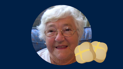 Blind veteran Win smiling, with an added illustration of a hot cross bun