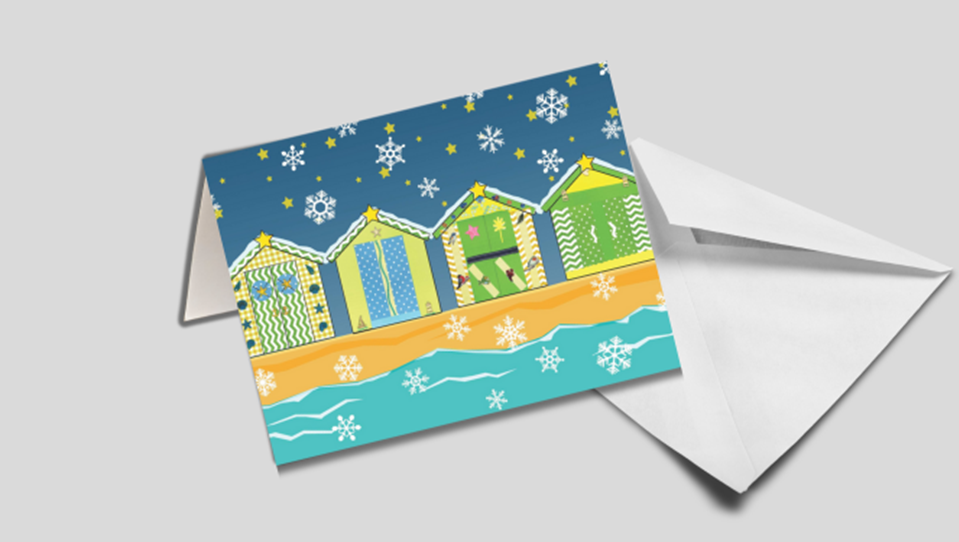 Blind Veterans UK Christmas cards, featuring Rustington beach huts on the sea front