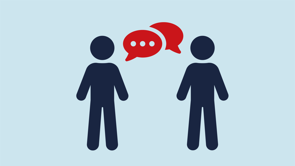 An icon of two people, both with speech bubbles