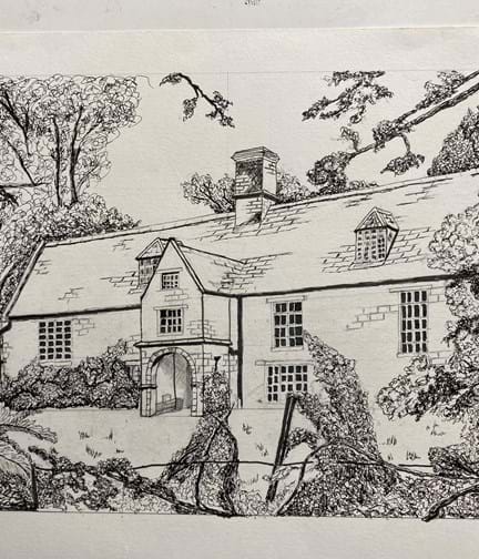 A pencil drawing of a large country house