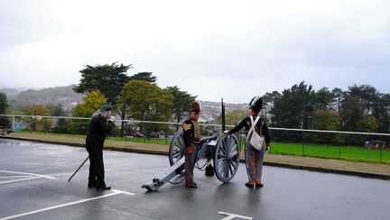 Military reenactors with a field gun outside the Llandudno Centre 