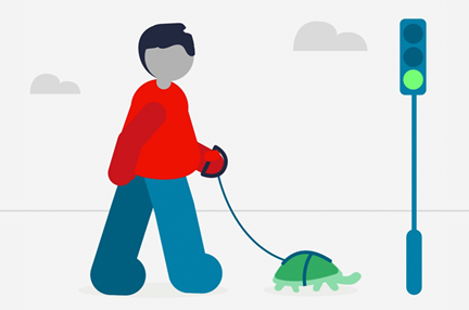 A graphic of a tortoise leading a man across the road