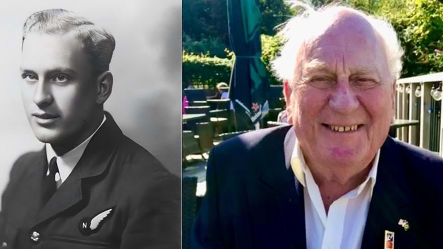 Two pictures of Jack side by side. On the left a black and white image of a young Jack in his RAF uniform and on the right a recent image of Jack as he nears 100