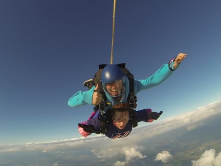 Claire pictured midway through her skydive