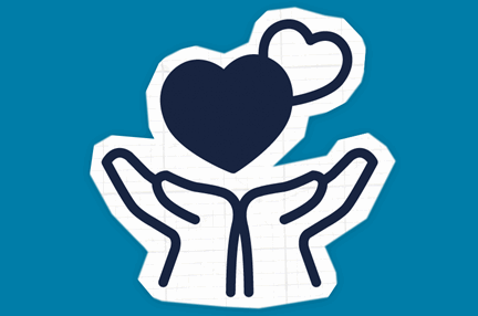 Icon of two hearts being held up by two hands indicating support