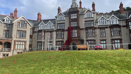 The entrance of our Llandudno Centre of Wellbeing, with a green space decorated with poppies and a a blanket of poppies covering the front entrance