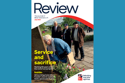 A magazine front cover with the title "Service and sacrifice" and blind veterans and staff laying a wreath