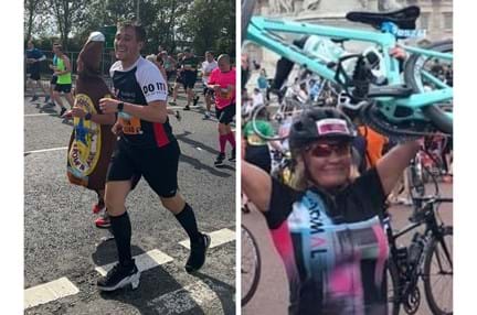 Left image of Ryan taking part in the Great North Run wearing a Blind Veterans UK t-shirt and the right image is of Emilia lifting her bike high in the air outside Buckingham Palace