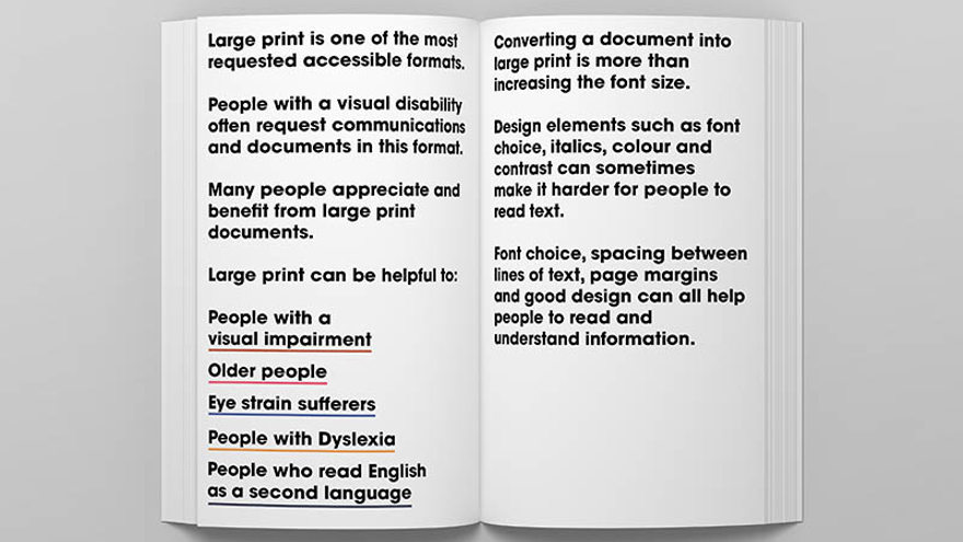 A photo of a book with accessible large print text