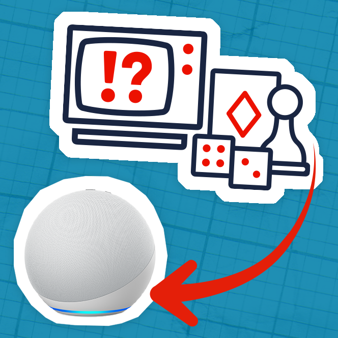 An Echo dot beside a icons of dice, chess, cards and tv trivia