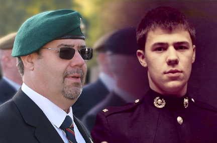 Two photographs of blind veteran Alan edited together. On the left, Alan today, wearing a beret and dark glasses, and on the right, a younger Alan, in military uniform.