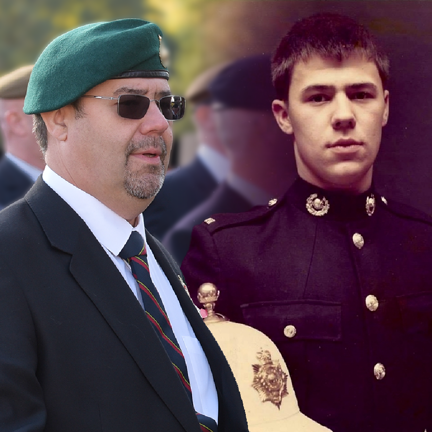 Two photographs of blind veteran Alan edited together. On the left, Alan today, wearing a beret and dark glasses, and on the right, a younger Alan, in military uniform.
