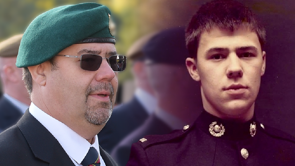 Two photographs of blind veteran Alan edited together. On the left, Alan today, wearing a beret and dark glasses, and on the right, a younger Alan, in military uniform.