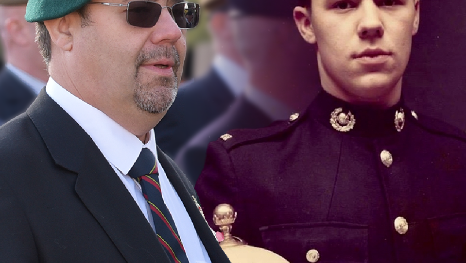 Two photographs of blind veteran Alan edited together. On the left, Alan today, wearing a beret and dark glasses, and on the right, a younger Alan, in military uniform.