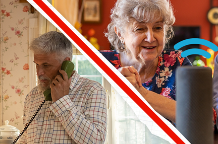 An elderly woman using an Amazon Alexa to call an elderly man on a landline phone