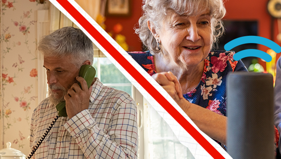 An elderly woman using an Amazon Alexa to call an elderly man on a landline phone