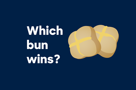 An illustration of a hot cross bun, with white text on a blue background that reads: Which bun wins?