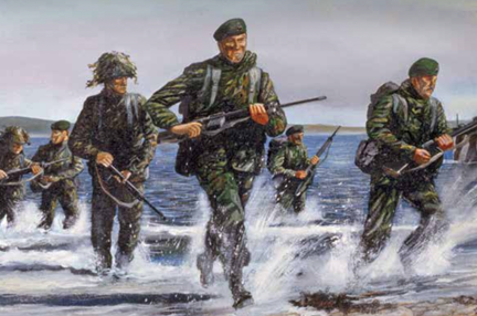 Illustration of soldiers running out from sea shore holding weapons