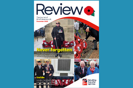 A magazine front cover with title "Never forgotten" and images of blind veterans during Remembrance