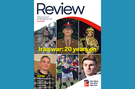 A magazine front cover with title "Iraq war: 20 years on" and a collage of six images featuring three blind veterans, before and after they lost their sight