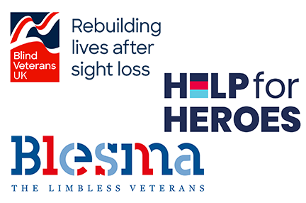 Logos for Blind Veterans UK, Help for heroes, Blesma