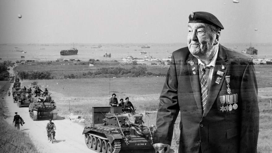 A black and white portrait of blind veteran Richard, overlaid on a scene from D-Day