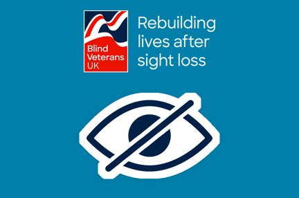 Icon of an eye with a line crossing through it, and a Blind Veterans UK logo above