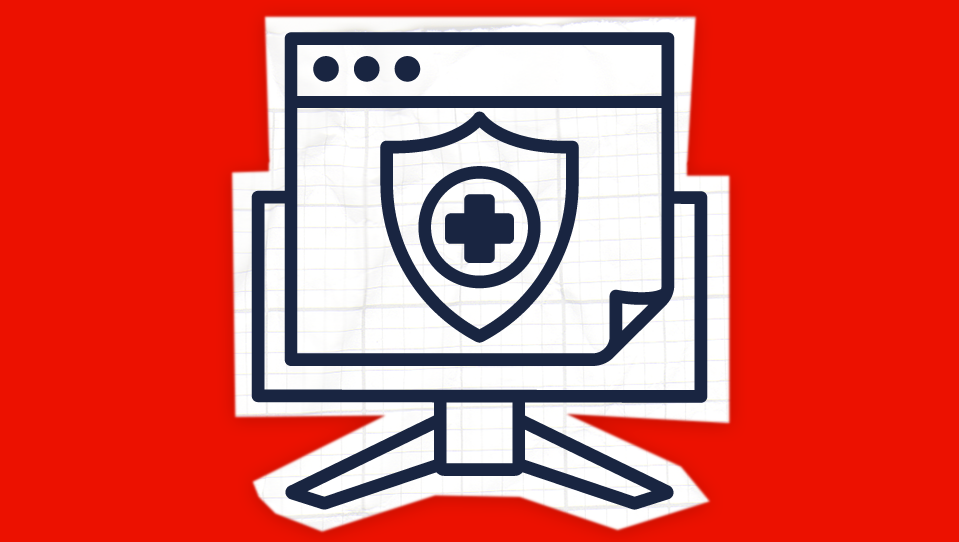 Icon of a computer screen with a shield and a medical cross indicating remote rehabilitation