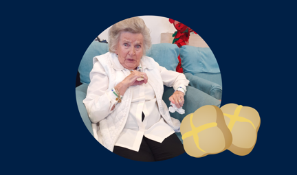 Blind veteran Maureen, with an added illustration of a hot cross bun