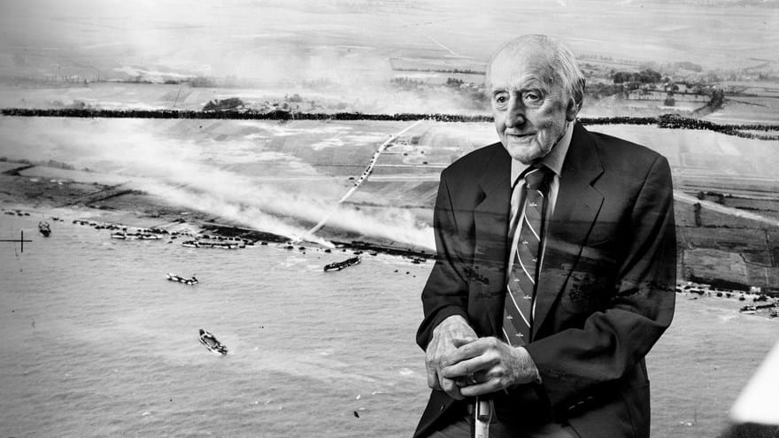 A black and white portrait of D-Day veteran Harry, overlaid on a scene from D-Day