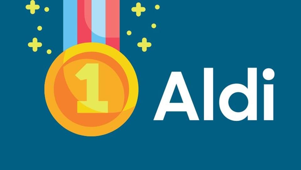 A gold medal with '1' on it with text 'Aldi'