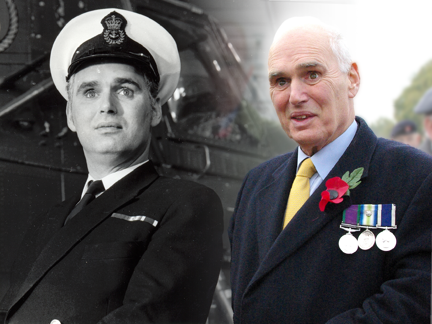 Two photos of blind veteran Terry, showing an older photo from the past on the left, wearing his military uniform, and a recent photo on the right, wearing his military badges and a poppy.